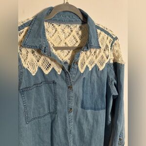 We the Free Denim button down long sleeve shirt with crochet detail Large